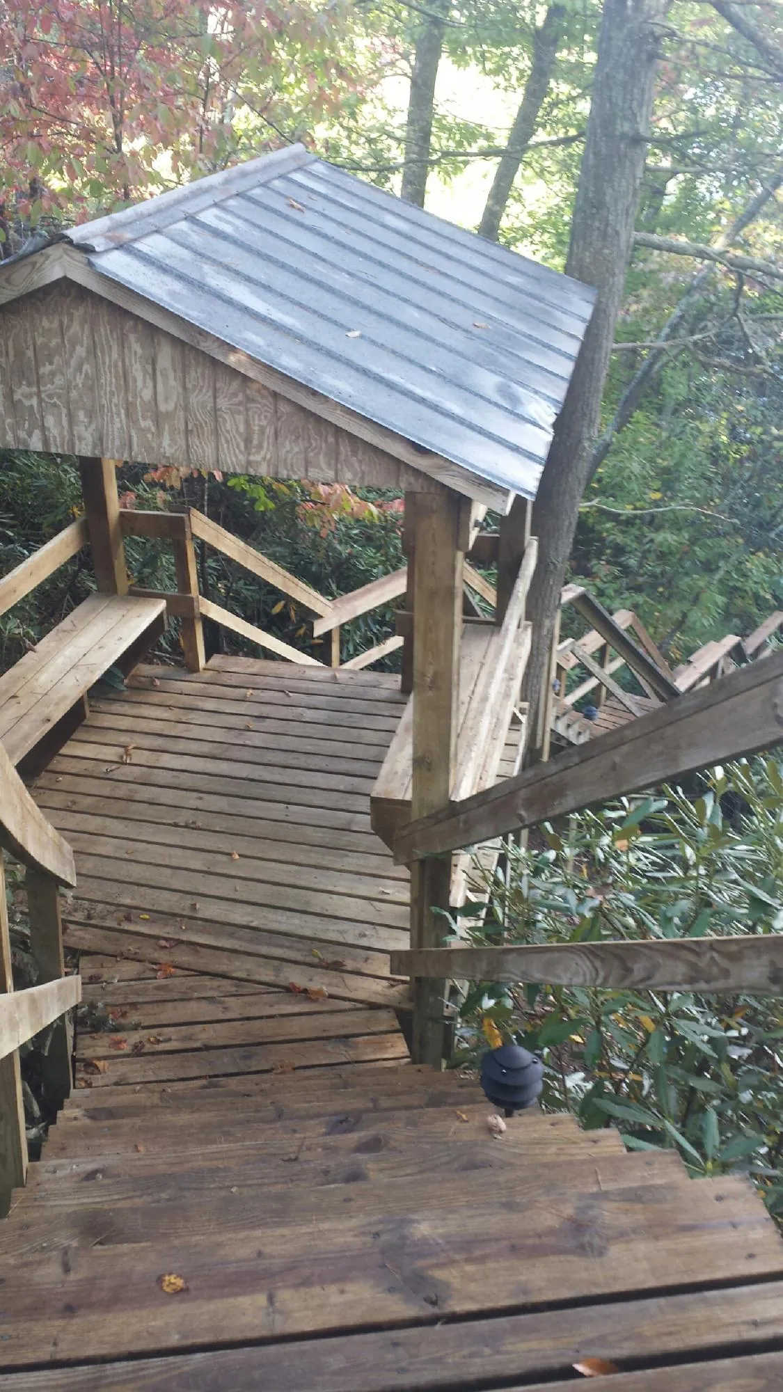 Metal roofed shelter over wooden steps on a wooded walkway — Skylight Repair & Installation work by our crew in Ursa